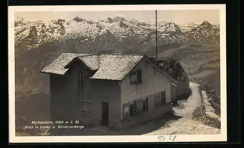 AK Schwyz, Mythenkulm, Haus mit Urner- und Schwyzerbergen