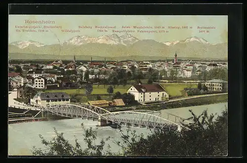 AK Rosenheim, Ortsansicht mit Brücke und Bergpanorama
