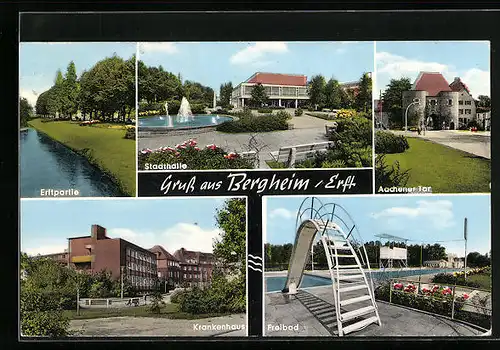 AK Bergheim /Erft, Stadthalle, Aachener Tor, Freibad