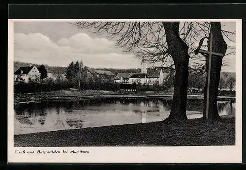 AK Burgwalden bei Augsburg, Teilansicht mit See und Kirche