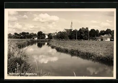 AK Bobingen bei Augsburg, Flusspartie mit Ortsansicht