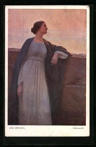 Künstler-AK Josef Straka: Sehnsucht, Junge Dame am Abend