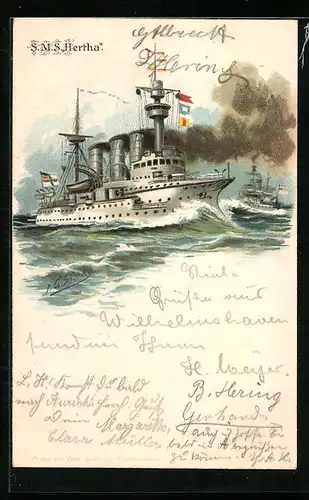 Künstler-AK Johann Georg Siehl-Freystett: Kriegsschiff SMS Hertha auf See
