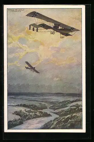 Künstler-AK Hans Rudolf Schulze: Militärdoppeldecker auf Erkundungsfahrt