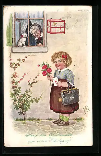 Künstler-AK Willi Scheuermann: Frisch eingeschultes Mädchen, Glückwunschkarte