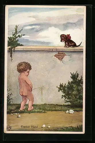 Künstler-AK Willi Scheuermann: Frecher Hund und urinierender Knabe