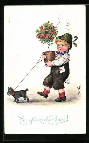 Künstler-AK Willi Scheuermann: Knabe mit Blumentopf und Terrier, Neujahrsgruss