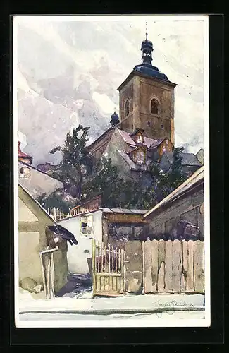 Künstler-AK Jaroslav Setelik: Turnov, Kostel sv. Mikuláse, Ceský Ráj