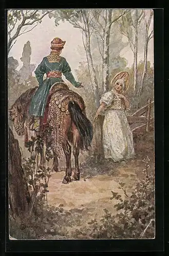 Künstler-AK S. Solomko: Begegnung eines Reiters mit einer jungen Dame