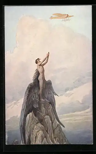 Künstler-AK S. Solomko: Traum des Ikarus, Ikarus sieht ein Flugzeug