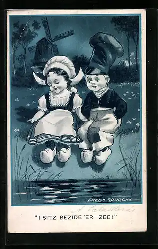 Künstler-AK Fred Spurgin: I sitz bezide `er - Zee!