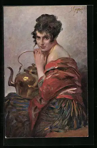 Künstler-AK Leopold Schmutzler: Junge Frau legt Ihr Kinn auf eine Teekanne