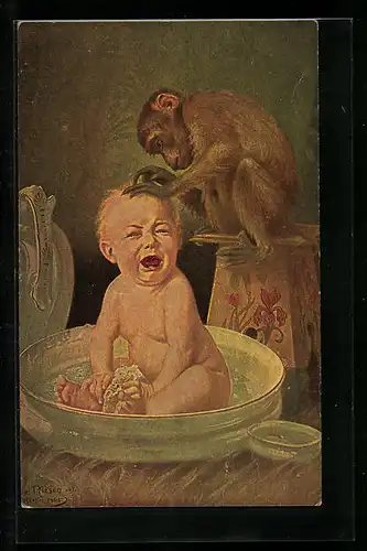 Künstler-AK Arno von Riesen: Unerbetener Liebesdienst, Affe laust ein badendes Baby