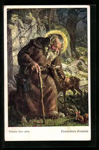 Künstler-AK Thomas Riss: Einsiedlers Freunde, Alter Mann mit Rehen und Eichhörnchen