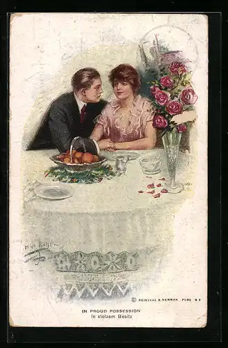 Künstler-AK Lester Ralph: In Proud Possession, Junges Paar mit Rosen am Tisch