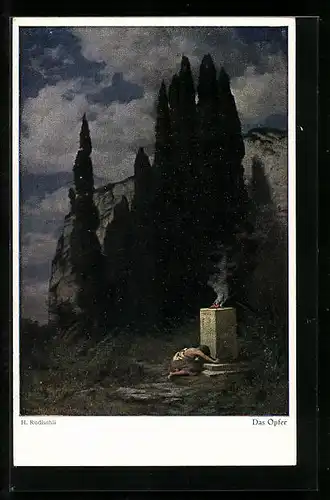 Künstler-AK Hermann Rüdisühli: Das Opfer, Frau vor Flamme und dunklen Felsen