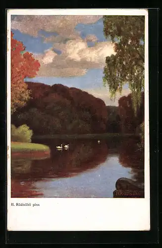 Künstler-AK Hermann Rüdisühli: Teich mit Schwänen im Herbst
