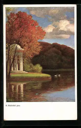 Künstler-AK Hermann Rüdisühli: Teich mit Schwänen und kleinem Tempel