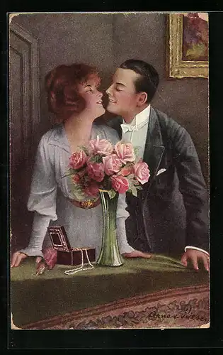 Künstler-AK Arno von Riesen: Paar küsst sich vor Rosen und Schmuckkästchen auf dem Tisch