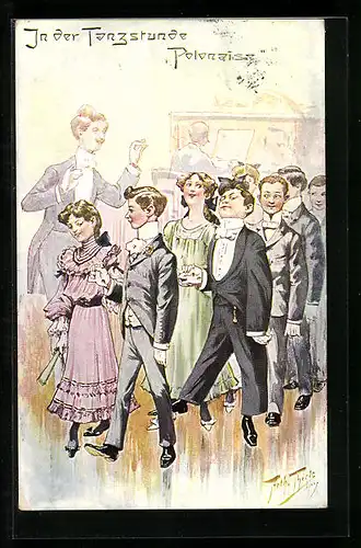 Künstler-AK Arthur Thiele: In der Tanzstunde, Jungen und Mädchen tanzen Polonaise