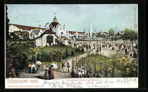 AK Düsseldorf, Industrie- u. Gewerbe-Ausstellung 1902, Hauptindustriehalle mit Fontäne