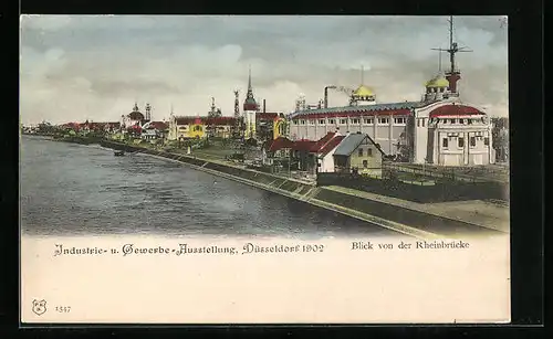 AK Düsseldorf, Industrie- u. Gewerbe-Ausstellung 1902, Blick von der Rheinbrücke auf die Ausstellung