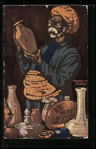 Künstler-AK München, Ausstellung 1910, Händler begutachtet Töpferware