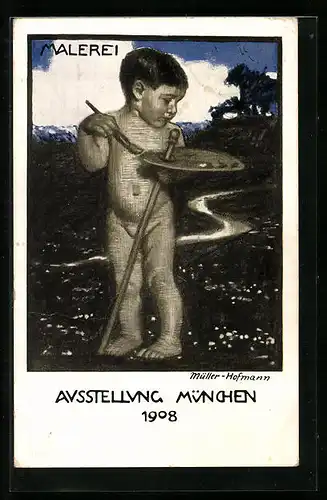 Künstler-AK sign. Müller-Hofmann: München, Ausstellung 1908, Kleines Kind als Maler