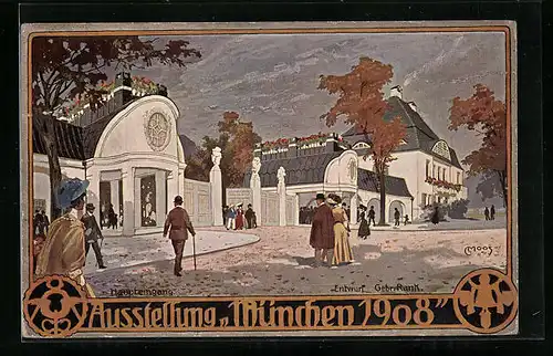 Künstler-AK München, Ausstellung München 1908, Eingangsbauten zum Ausstellungs-Park