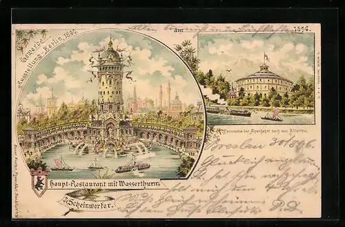 Lithographie Berlin, Gewerbe-Ausstellung 1896, Haupt-Restaurant mit Wasserturm