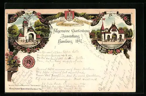 Lithographie Hamburg, Allgemeine Gartenbau-Ausstellung 1897, Eingangstore Millerntor u. Holstentor