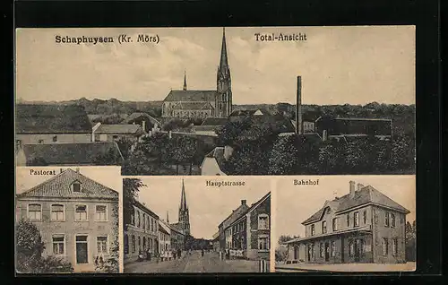 AK Schaephuysen Kr. Mörs, Bahnhof, Hauptstrasse & Total-Ansicht