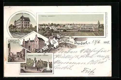 Lithographie Dierdorf, Johanniter-Hospital, Total-Ansicht, Kaiser - und Krieger-Denkmal