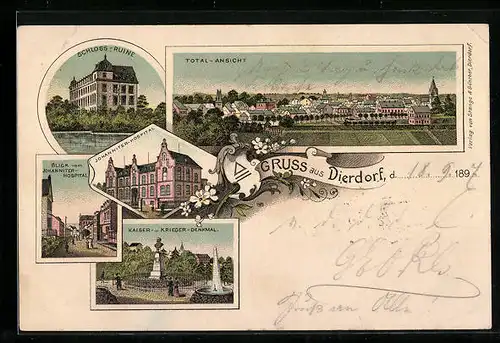Lithographie Dierdorf, Schloss-Ruine, Johanniter-Hospital, Panorama