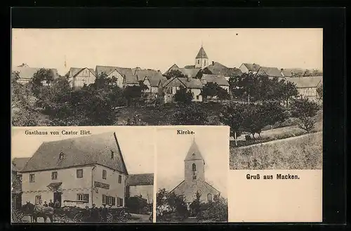 AK Macken, Gasthaus von Castor Hirt, Kirche, Gesamtansicht