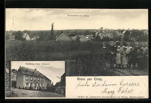 AK Einig, Gasthaus Peter Dahmen, Panorama mit Schulkindern