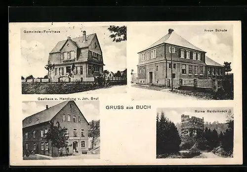 AK Buch, Gasthaus & Handlung von Joh. Seul, Neue Schule, Forsthaus