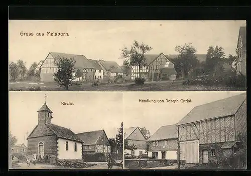 AK Maisborn, Handlung von Joseph Christ, Kirche, Gehöft mit Fachwerkhaus