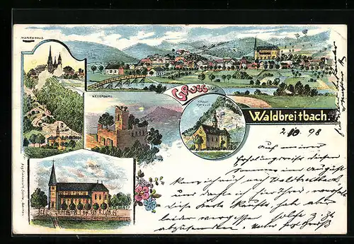 Lithographie Waldbreitbach, Kreuz-Kapelle, Kirche