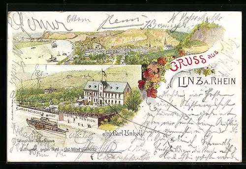 Lithographie Linz / Rhein, Hotel und Pension Europäischer Hof, Dampfer