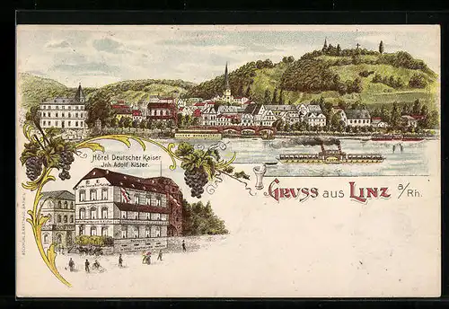 Lithographie Linz / Rhein, Hotel Deutscher Kaiser von Adolf Kister, Badeanstalt, Dampfer Bismark