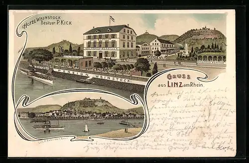 Lithographie Linz / Rhein, Hotel & Pension Weinstock, Dampfer & Panorama