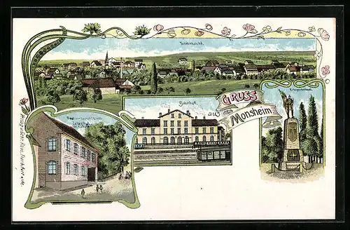 Lithographie Monsheim, Ortsansicht, Bahnhof, Kriegerdenkmal