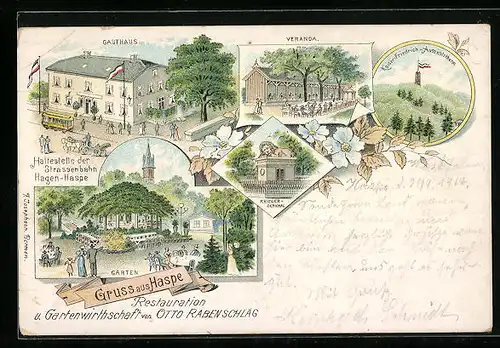 Lithographie Haspe, Gasthaus v. Otto Rabenschlag mit Haltestelle der Strassenbahn