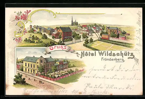 Lithographie Fröndenberg, Ortsansicht und Hotel Wildschütz