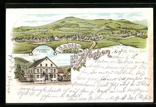 Lithographie Hachen, Ortsansicht mit Gasthof & Bäckerei P. Junker