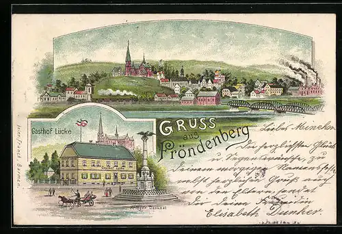 Lithographie Fröndenberg, Ortsansicht und Gasthof Lücke