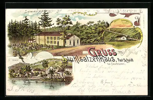 Lithographie Scheidt /Saarbrücken, Stuhlsatzenhaus, Forsthaus, Ortsansicht