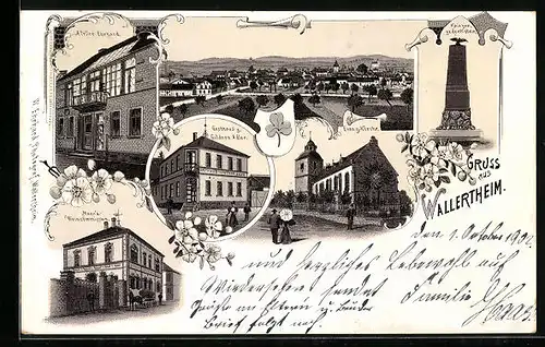 Lithographie Wallertheim, Ortsansicht, Atelier Ehrhard, Gasthaus z. Goldnen Adler, Evang. Kirche
