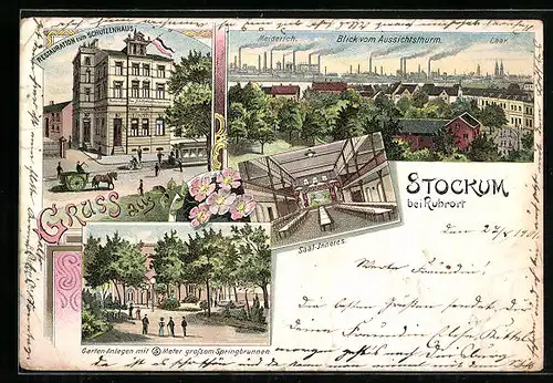 Lithographie Stockum, Restauration zum Schützenhaus, Blick vom Aussichtsturm, Gartenanlagen mit Springbrunnen
